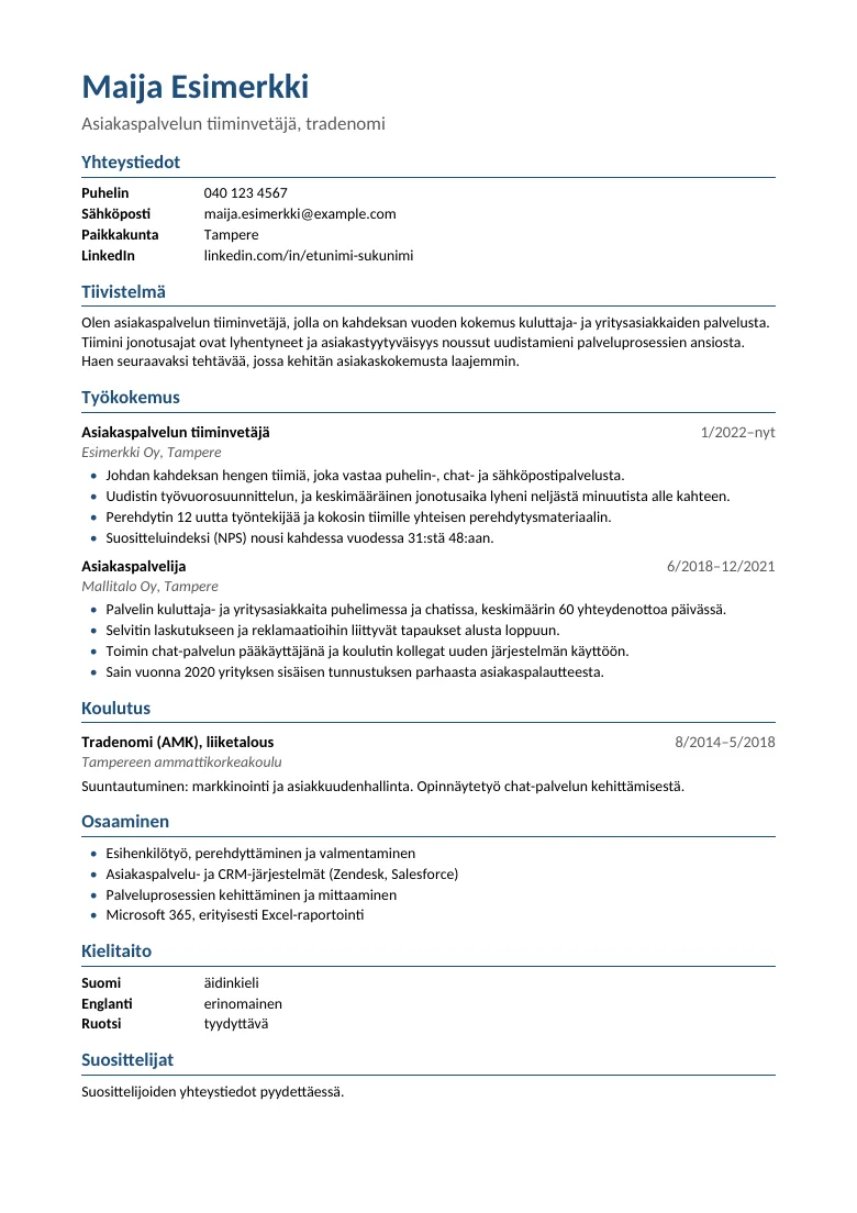 Esikatselu CV-pohjasta: keksityn esimerkkihenkilön yhteystiedot, tiivistelmä, kaksi työpaikkaa, koulutus, osaaminen, kielitaito ja suosittelijat.